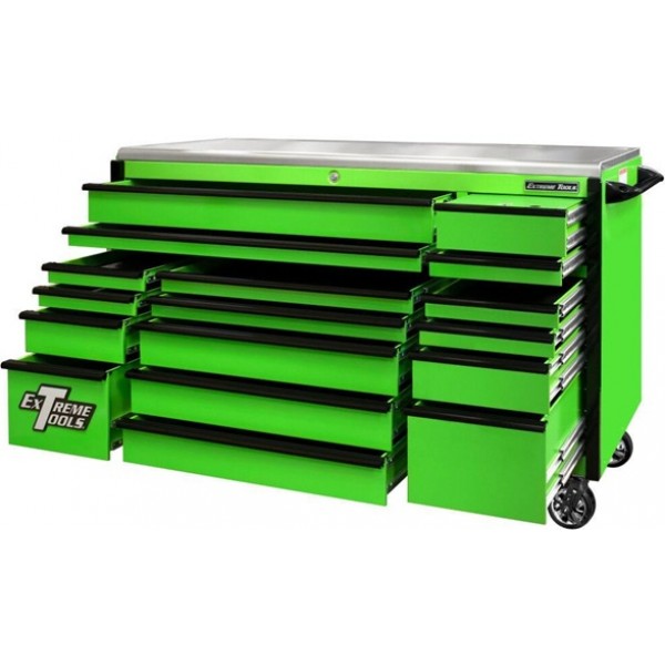 Extreme Tools 72in Green Roller Cabinet with Black Drawer Pulls