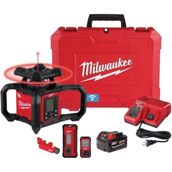 Milwaukee M18 Red Exterior Dual Slope Rotary Laser Level Kit with Receiver & Remote
